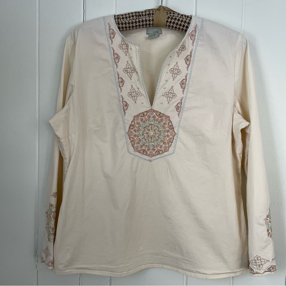 Odille Soft Neutral V Neck Embroidered Boho Blouse Top
